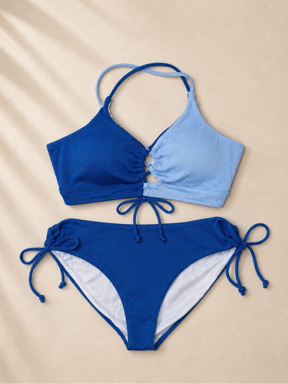 B2prity Two Tone Blue Bikini Set Textured Halter Tie Side Swimwear XL